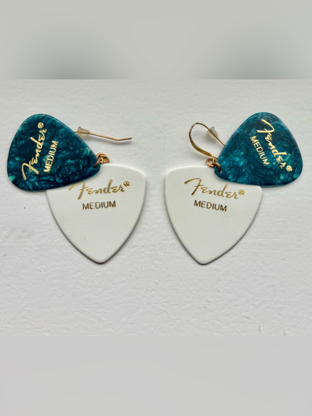 Fender White and Teal Guitar Pick Dangle Earrings